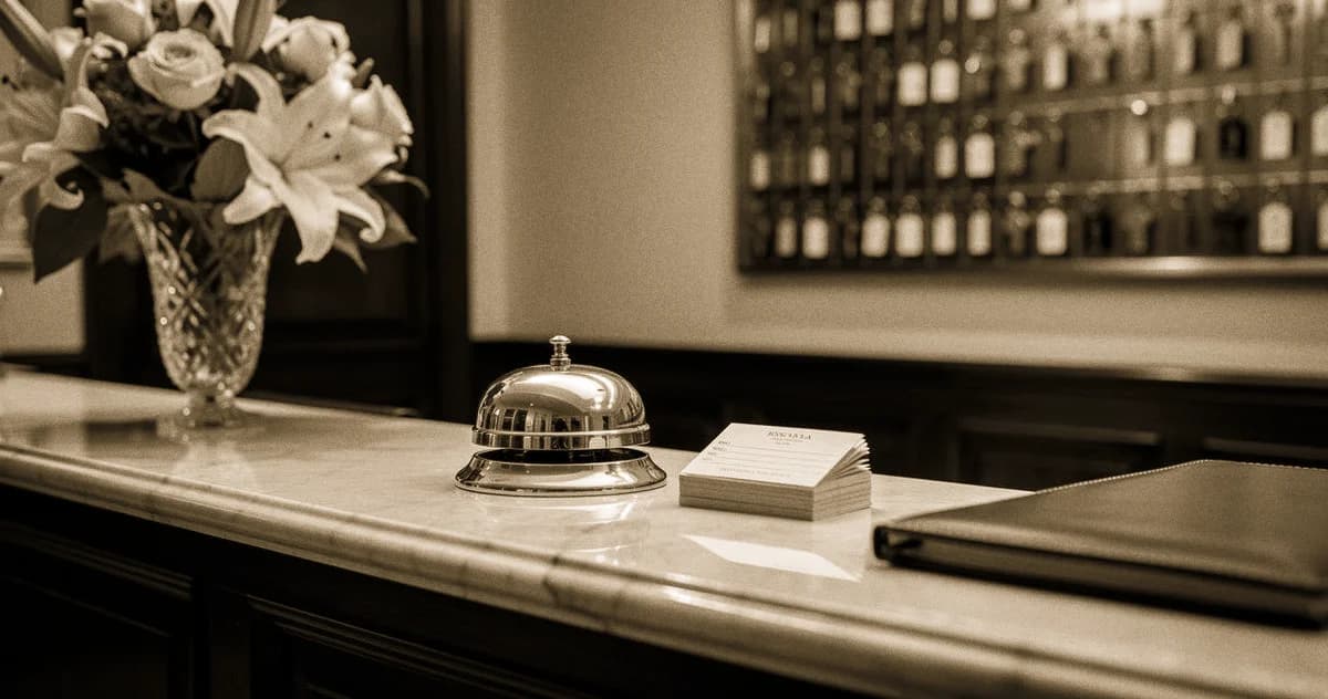 Hotelfachfrau Privatleben: Hotel-Rezeption mit Messingglocke und Schlüsselbrett
