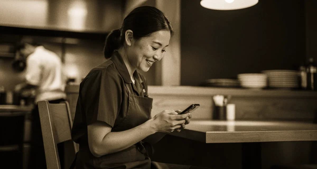 Online-Dating Gastronomie: Restaurantfachfrau in Pause sitzt im Restaurant und schaut auf Handy