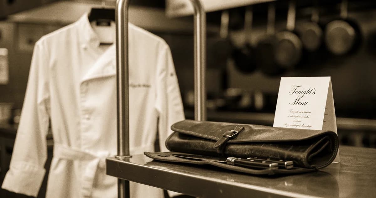 Küchenchef Partnersuche: Küchenchef-Kochjacke am Pass mit Messerrolle