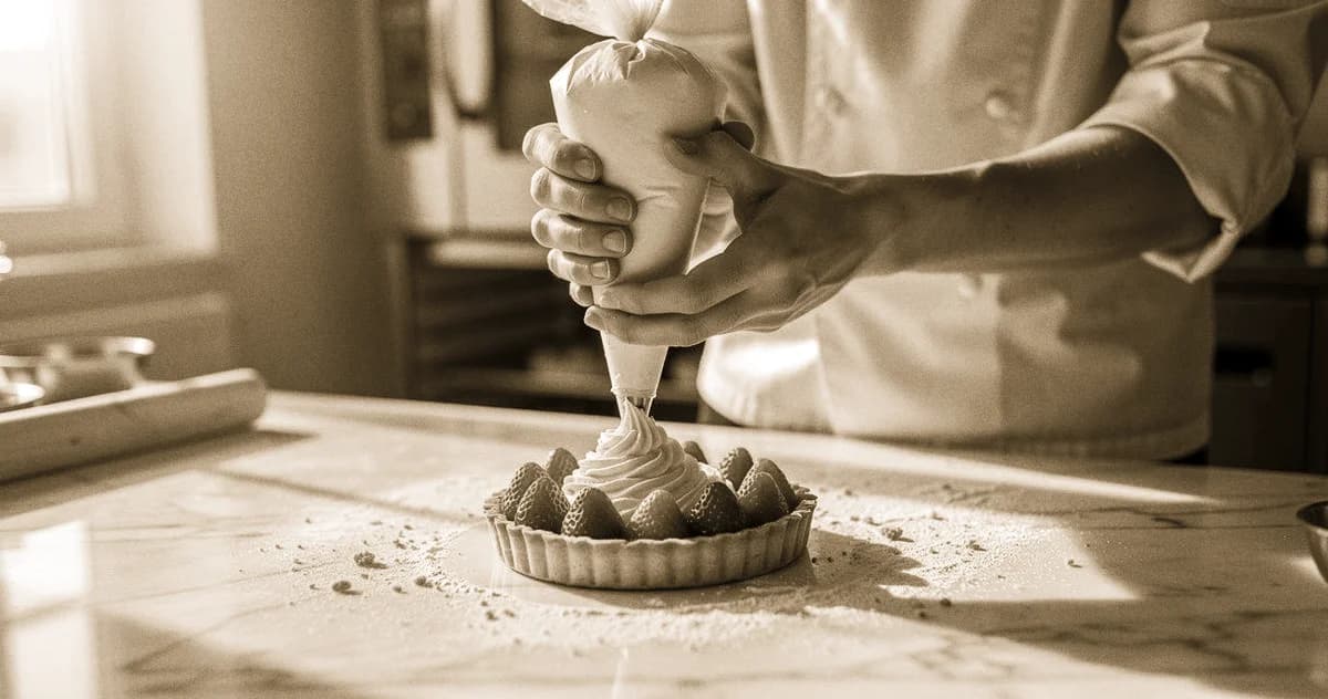 Patissier Alltag: Patissier spritzt Sahne auf Tarte