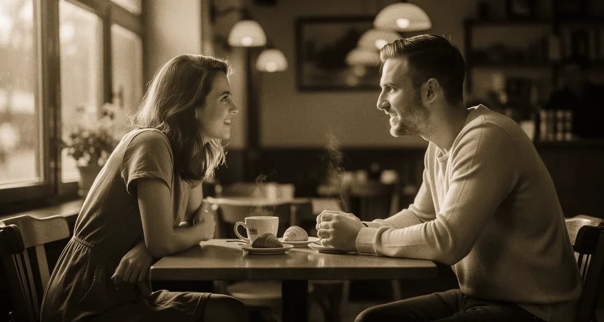 Erstes Date Gastronomie: junges Paar sitzt vormittags in einem ruhigen Cafe an einem Werktag