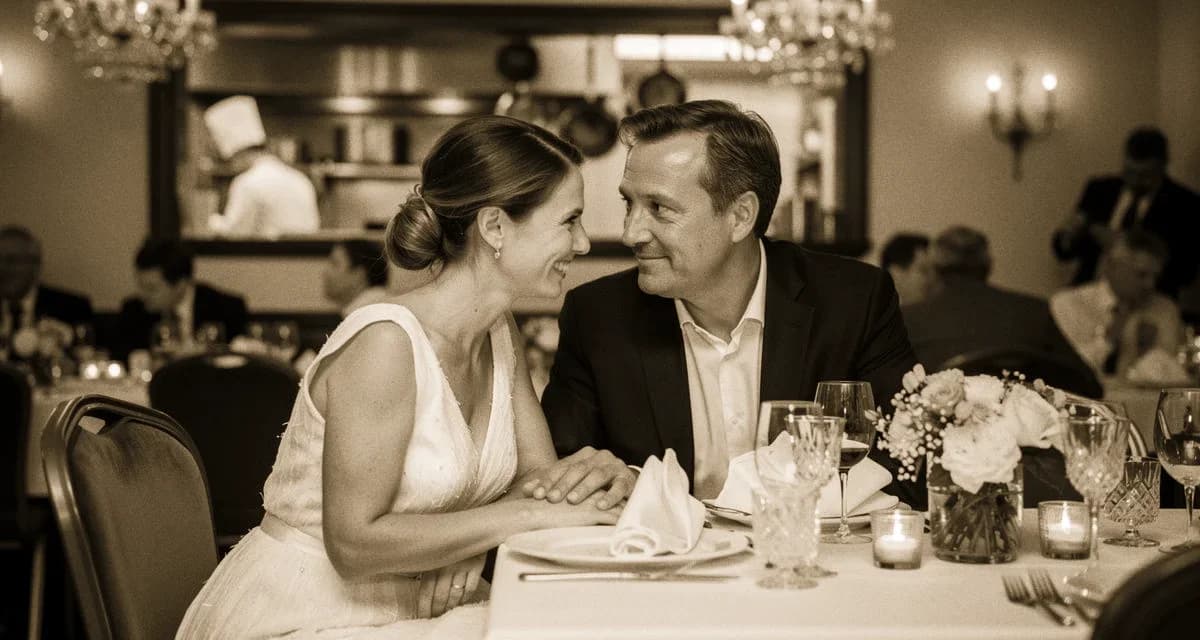 Hochzeit im Restaurant: Brautpaar an festlich eingedecktem Tisch mit Koechen im offenen Kuechenpass im Hintergrund