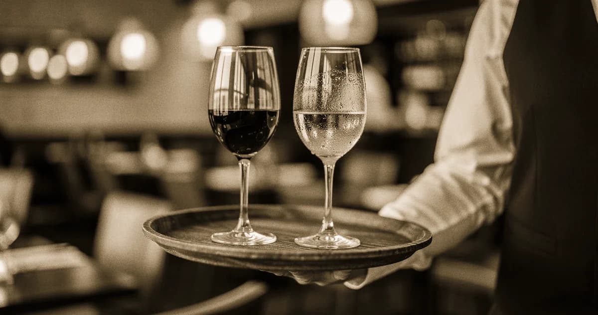 Restaurantfachfrau Partnersuche: Restaurantfachfrau trägt Weintablett durch Restaurant