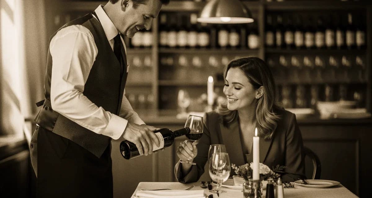 Sommelier sucht Frau: junger Sommelier giesst Rotwein bei einem Date in einem warm beleuchteten Sterne-Restaurant