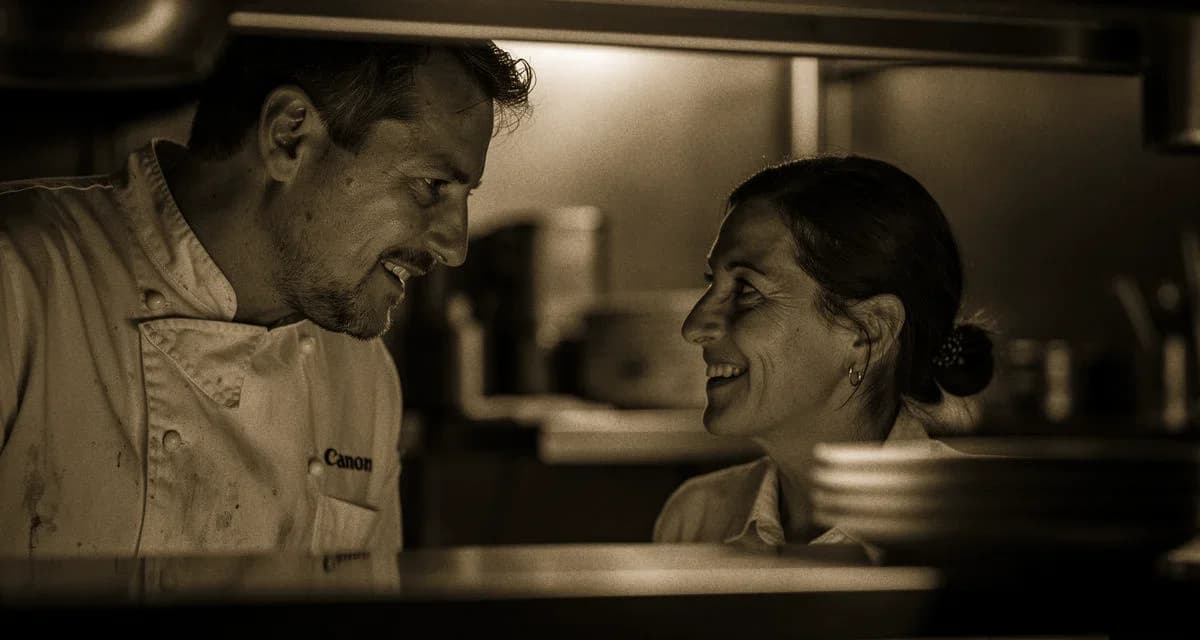Sous Chef sucht Frau: Sous Chef in weisser Kochjacke spricht nach Service mit Partnerin am Kuechenpass
