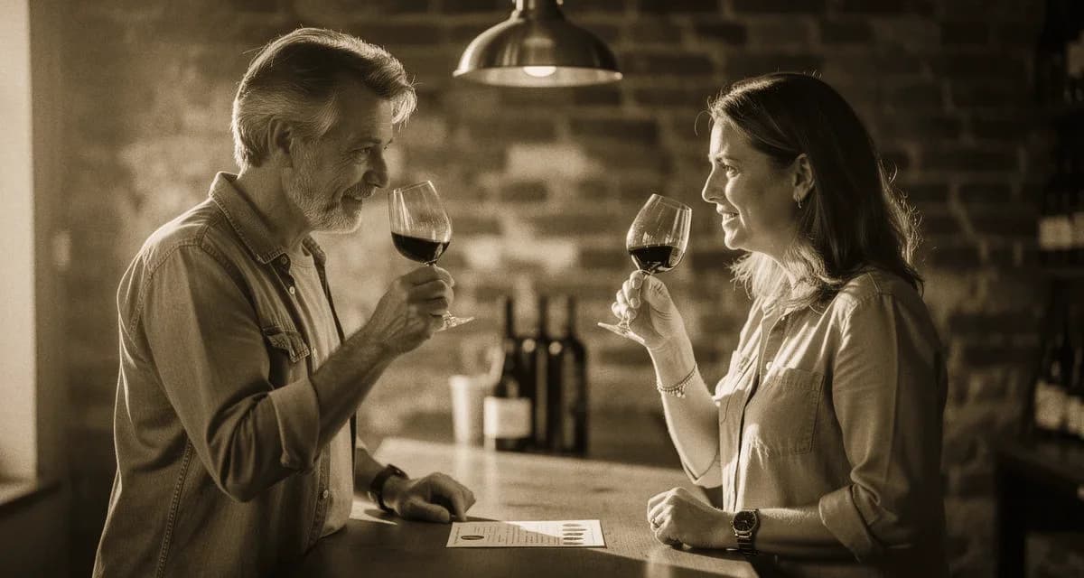 Weinprobe erstes Date: Paar haelt Weinglaeser gegen das Licht in einer Vinothek