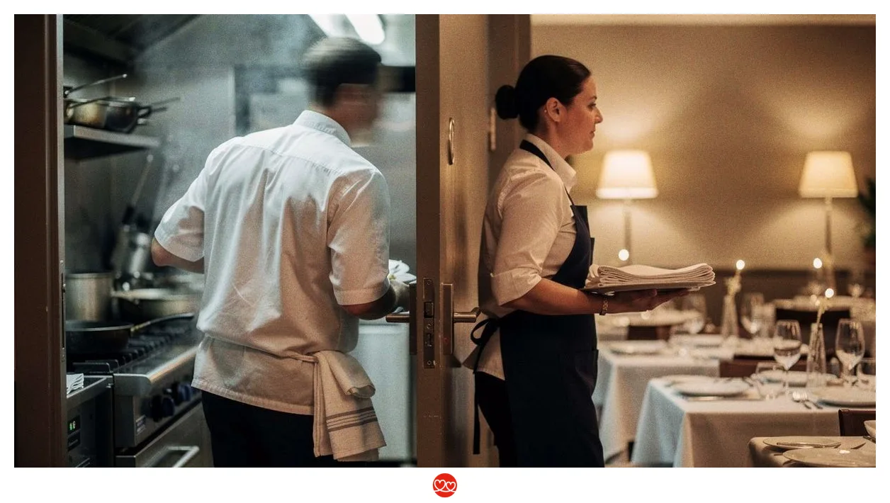 Zwei Gastronomie-Beschäftigte begegnen sich kurz in der Tür zwischen Küche und Gastraum während des Service