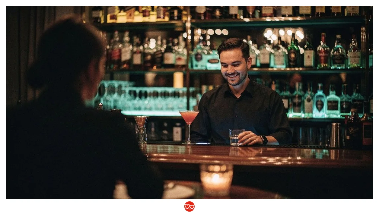 Barkeeper serviert lächelnd einem Gast am Tresen, im Vordergrund unscharf die wartende Partnerin