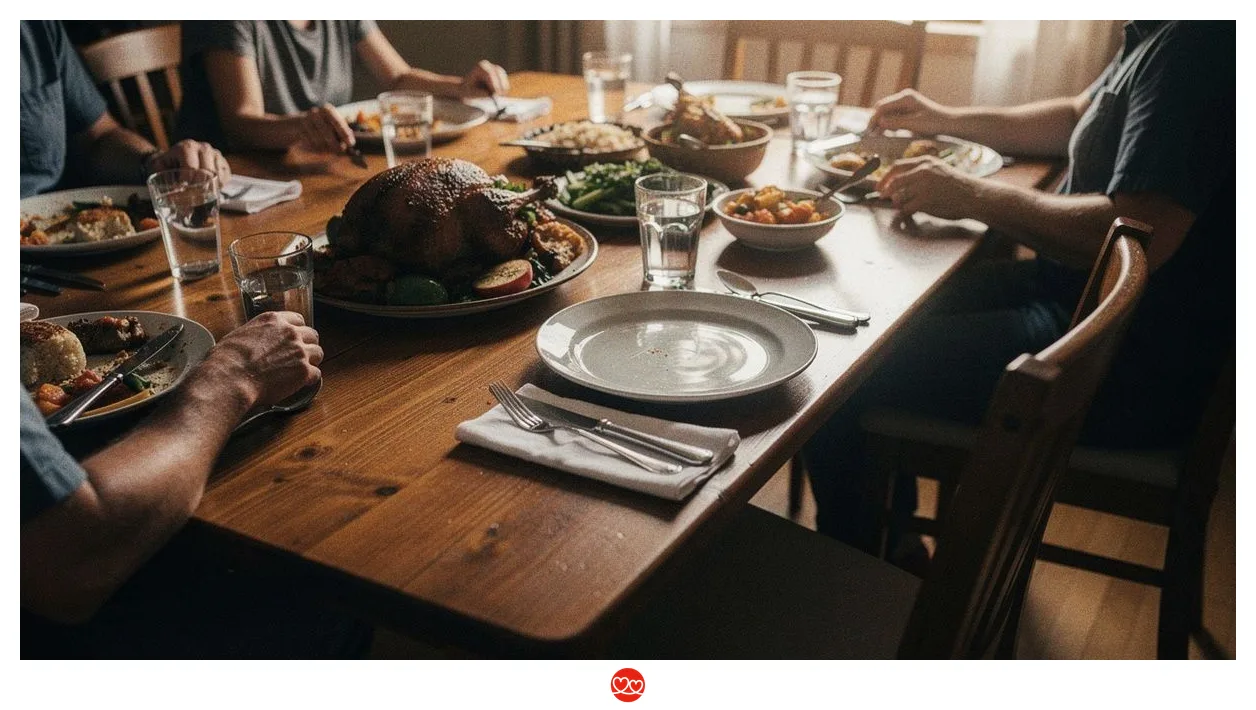 Familienessen am Sonntag mit einem leeren Stuhl am Tisch, weil der Partner in der Gastronomie im Dienst ist