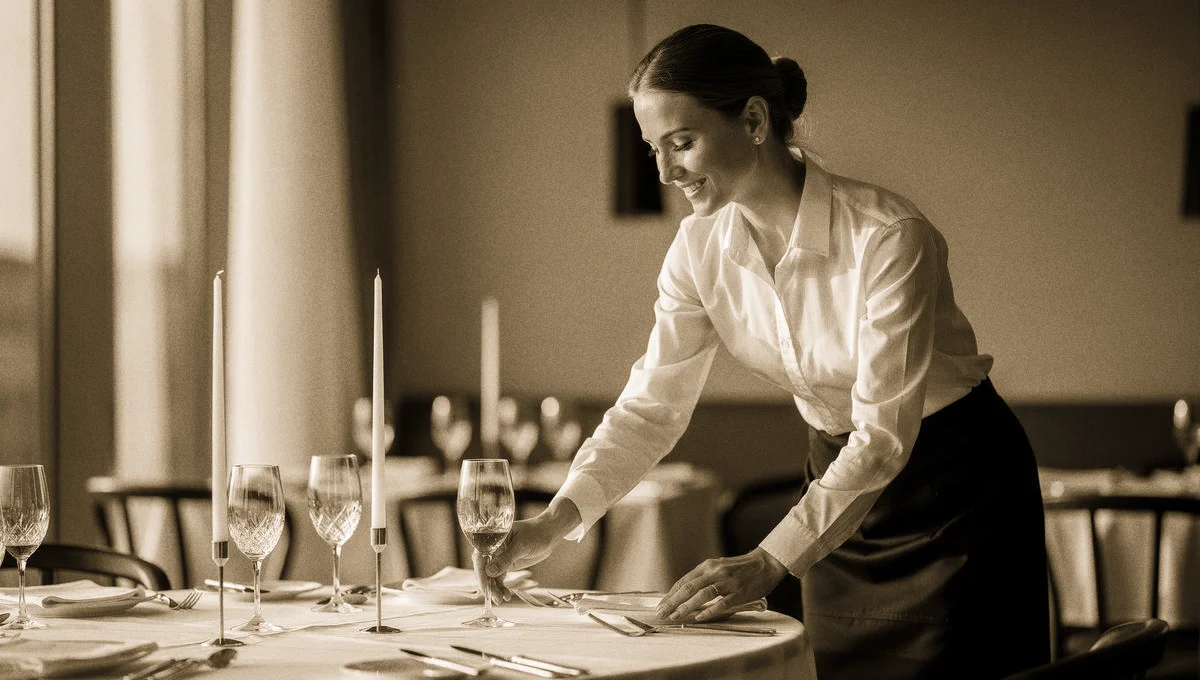 Partnersuche Restaurantfachfrau: Restaurantfachfrau im schwarzen Service-Outfit lächelt beim Tisch-Einrichten vor dem
