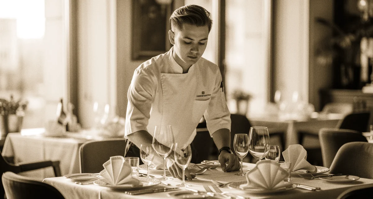 Azubi im Service deckt Tisch im Restaurant ein, Mittagslicht