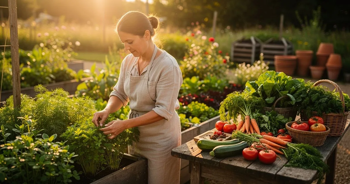 Biogarten mit frischen Kräutern und Gemüse — symbolisch für Sarah Wieners nachhaltige Küche