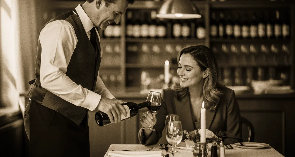 Sommelier sucht Frau: junger Sommelier gießt Rotwein bei einem Date in einem warm beleuchteten Sterne-Restaurant