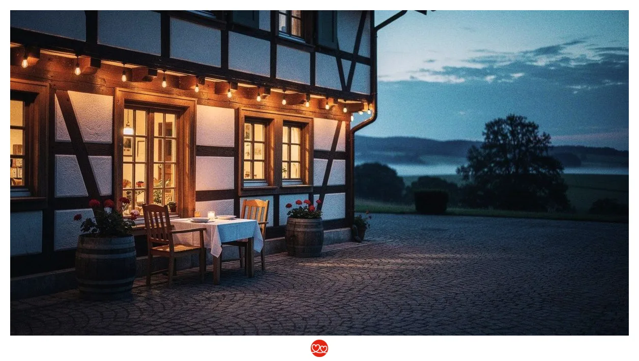 Landgasthof am Abend mit Lichterketten, im Hintergrund ein alter Fernseher mit Herz-Symbol als Symbol für die Dating-Show Wirt sucht Liebe