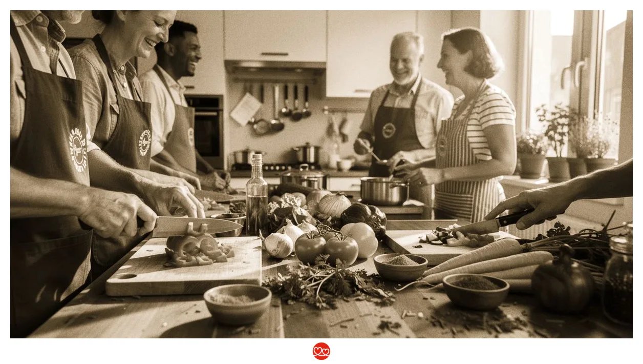Kochkurs für Singles Bremen: Menschen kochen gemeinsam in einer Küche