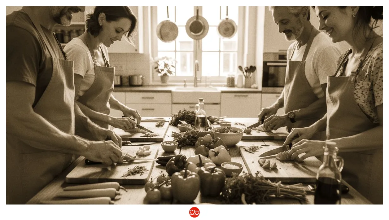 Kochkurs für Singles Dresden: Menschen kochen gemeinsam in einer Küche