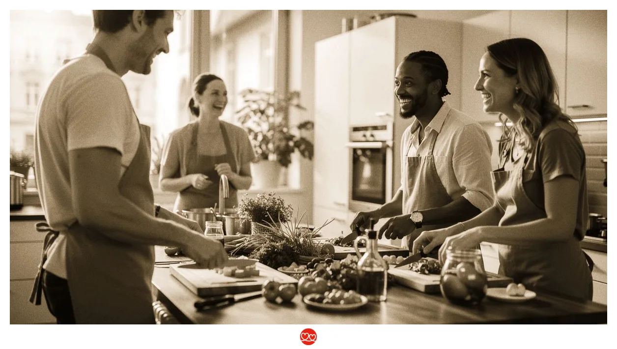 Kochkurs für Singles Düsseldorf: Menschen kochen gemeinsam in einer Küche