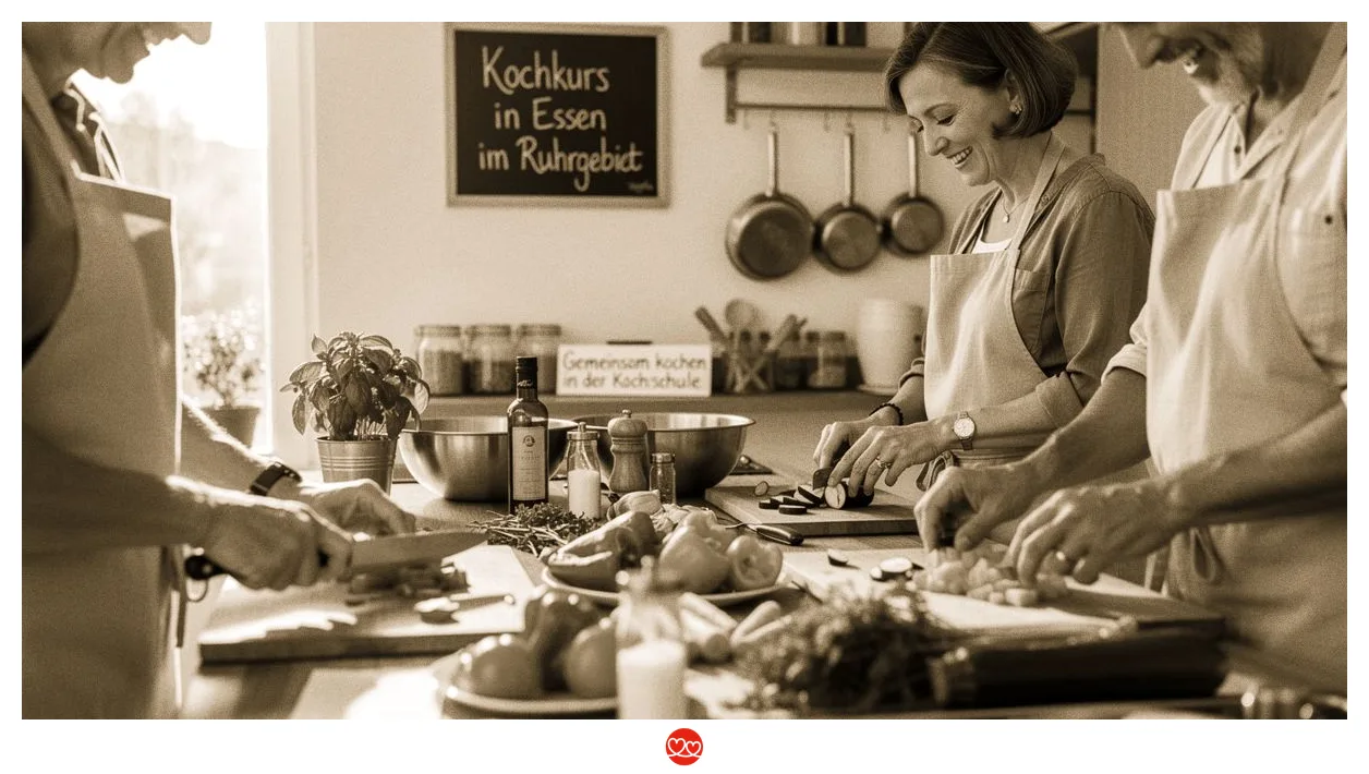 Kochkurs Essen: Gruppe kocht gemeinsam in einer modernen Küche