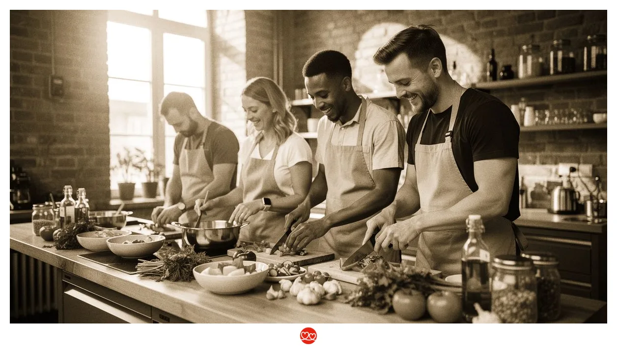 Kochkurs für Singles Frankfurt: Menschen kochen gemeinsam in einer Küche