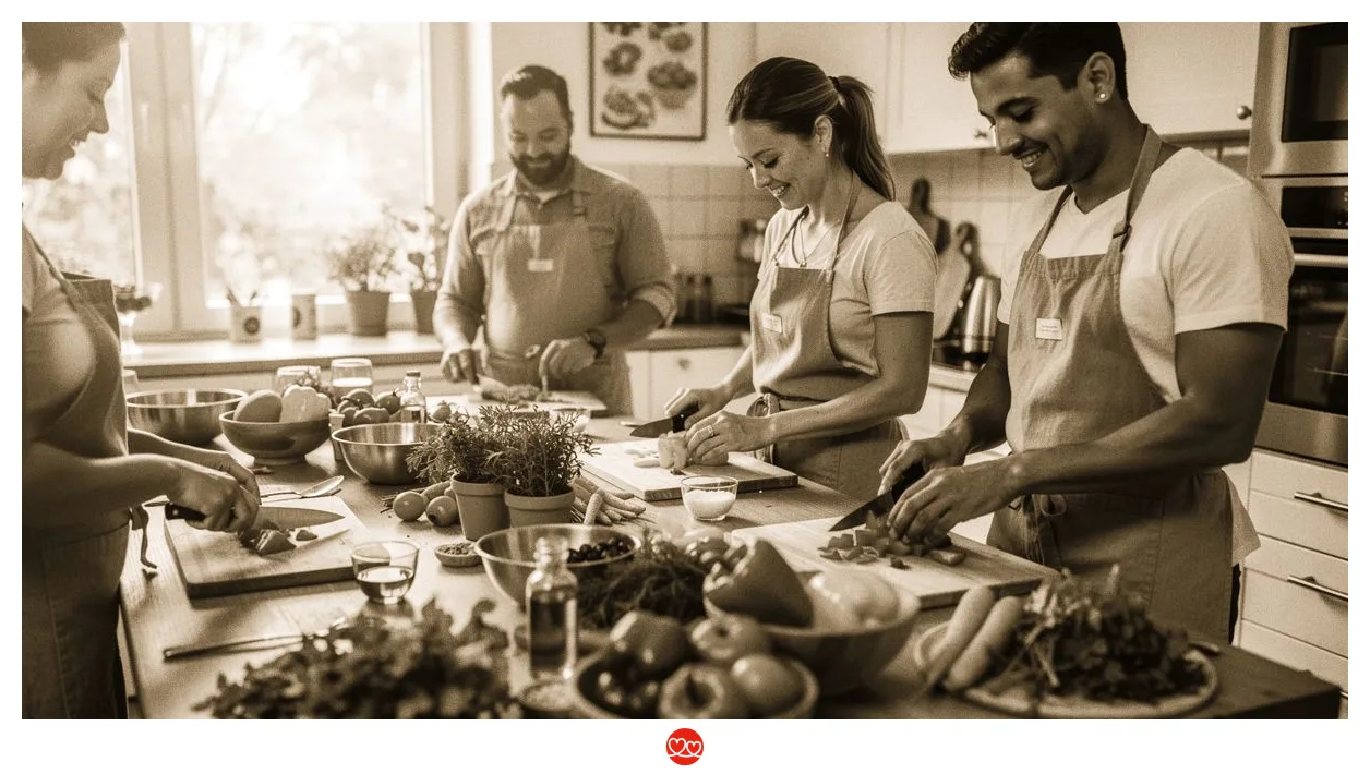 Kochkurs für Singles Hannover: Menschen kochen gemeinsam in einer Küche