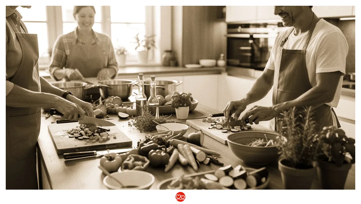 Kochkurs für Singles Köln: Menschen kochen gemeinsam in einer Küche