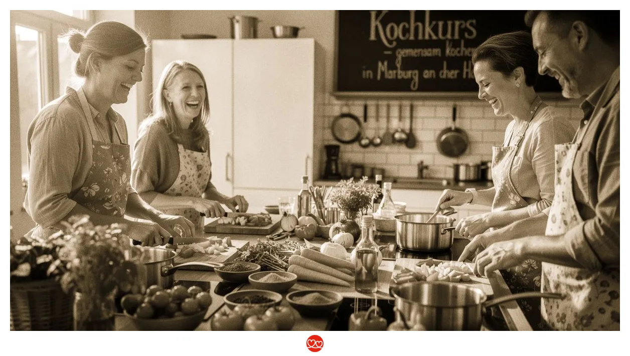 Kochkurs Marburg: Gruppe kocht gemeinsam in einer modernen Küche an der Lahn