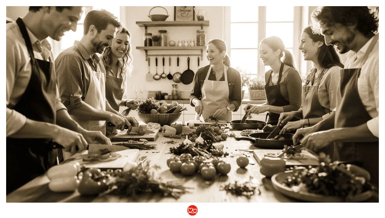 Kochkurs für Singles München: Menschen kochen gemeinsam in einer Küche