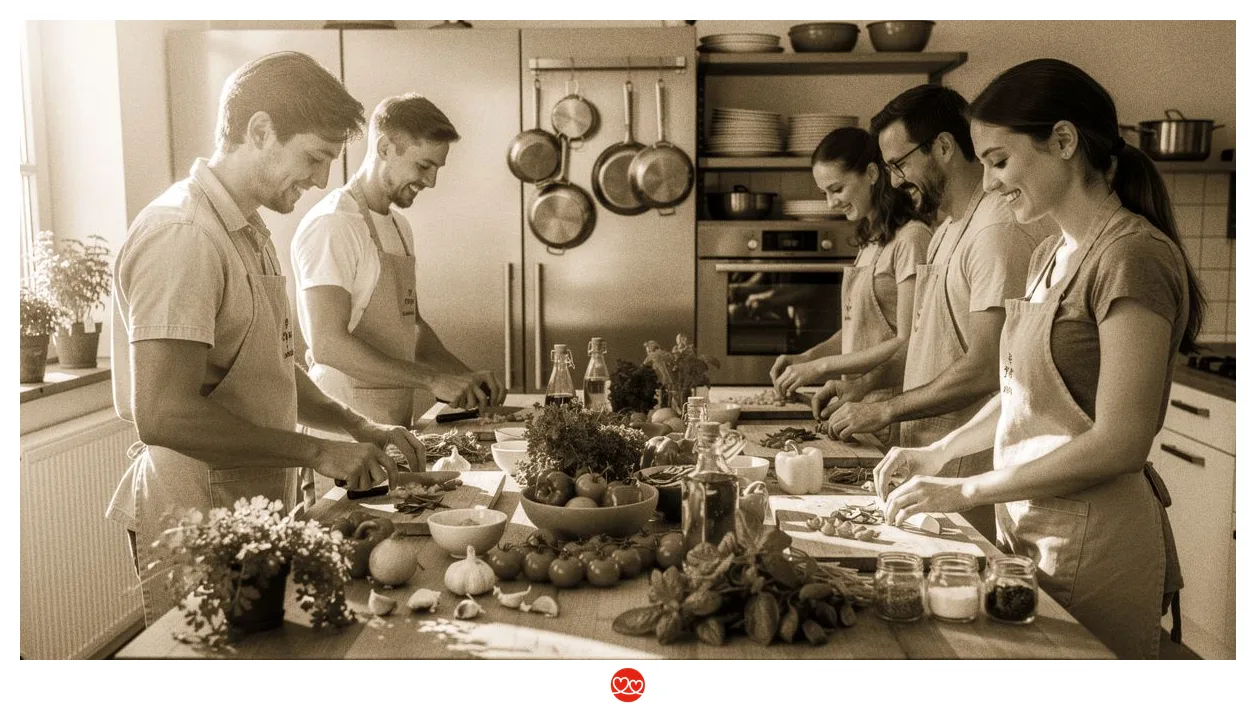 Kochkurs für Singles Münster: Menschen kochen gemeinsam in einer Küche