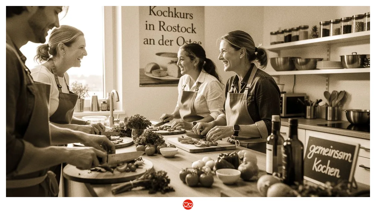 Kochkurs Rostock: Gruppe kocht gemeinsam in einer modernen Küche am Warnowufer