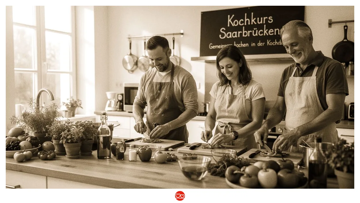 Kochkurs Saarbrücken: Gruppe kocht gemeinsam in einer modernen Küche