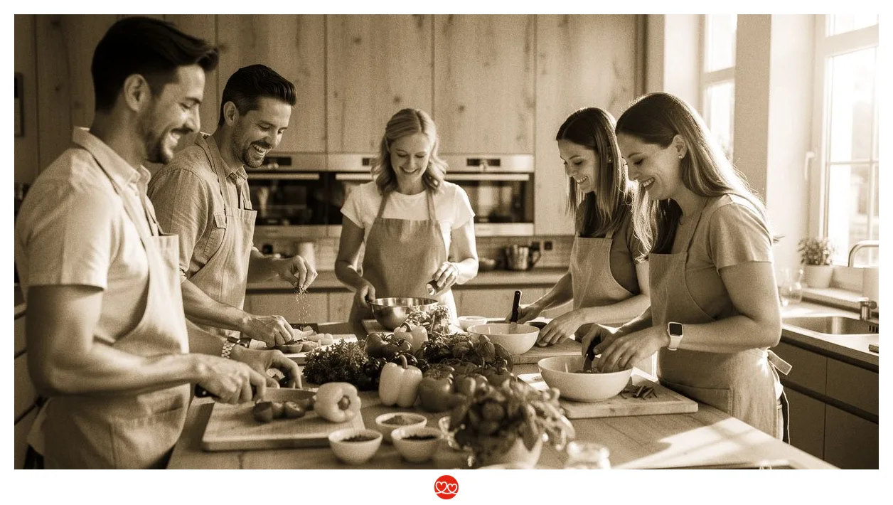 Kochkurs für Singles Stuttgart: Menschen kochen gemeinsam in einer Küche