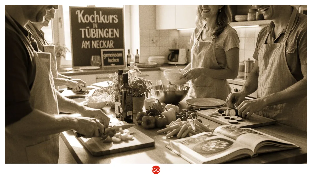 Kochkurs Tübingen: Gruppe kocht gemeinsam in einer modernen Küche
