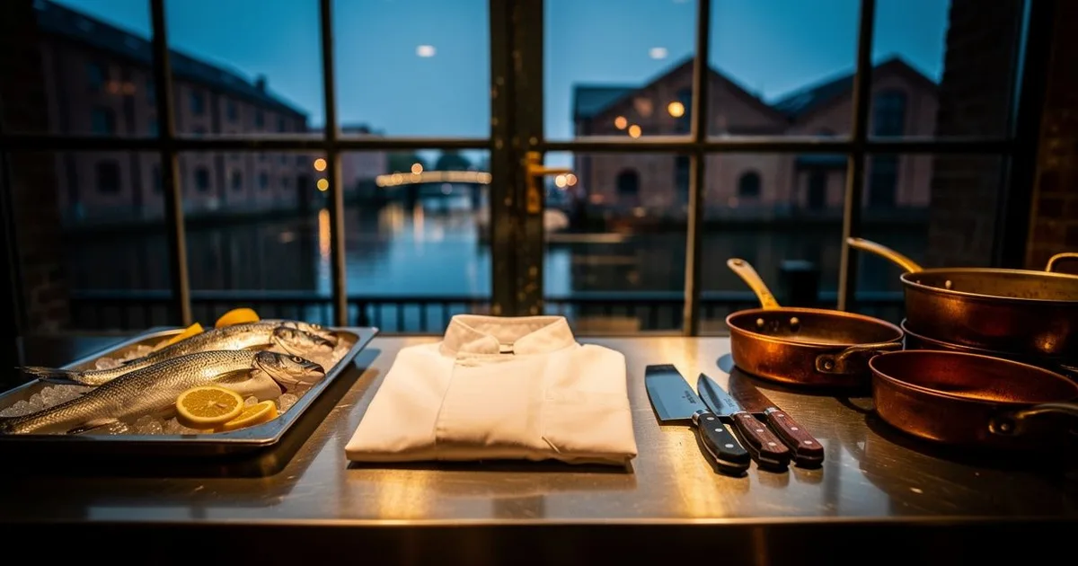 Kochverein Duisburg: Edelstahl-Pass mit Kochjacke und Fisch in alter Hafenmuehle mit Blick auf den Innenhafen, Symbolbild, keine Personen