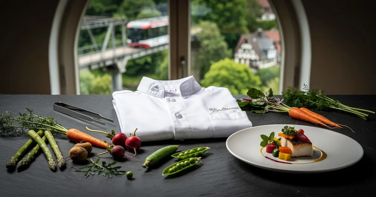 Kochverein Wuppertal: Mise en place auf Schiefer mit Blick auf die Wuppertaler Schwebebahn ueber dem Wuppertal, Symbolbild, keine Personen
